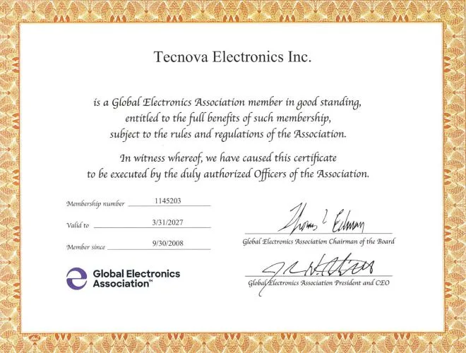 IPC | Tecnova.com Framed certificate stating Tecnova Electronics Inc. is a Global Electronics Association member, with membership #1145203 and validity through 3/31/2027.