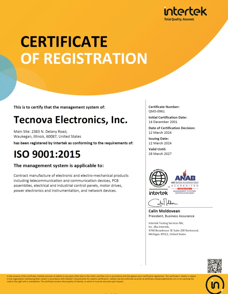 Intertek Tecnova ISO Certificate Valid 2027 | Tecnova.com ISO Certified